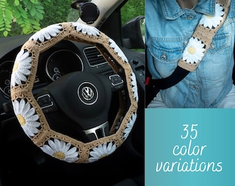 Crochet Daisy Boho Steering Wheel Cover for women