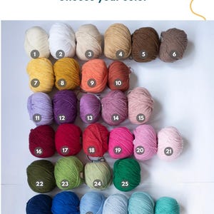 Color chart showing 35 yarn colors available for custom crochet steering wheel covers and matching car accessories.