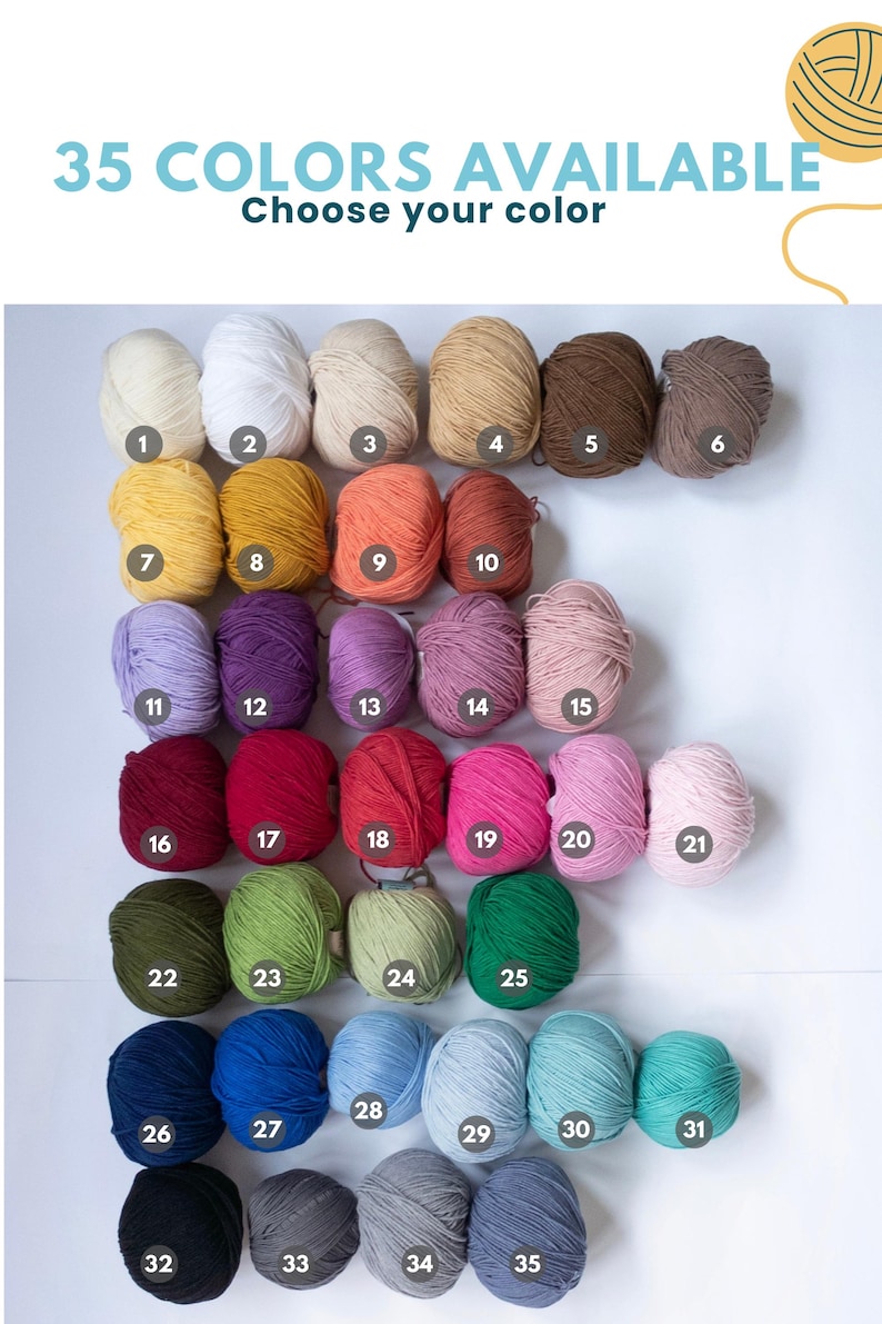 Color chart showing 35 yarn colors available for custom crochet steering wheel covers and matching car accessories.