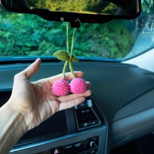May include: A pink crocheted cherry car charm with green leaves hanging from the rearview mirror of a car.