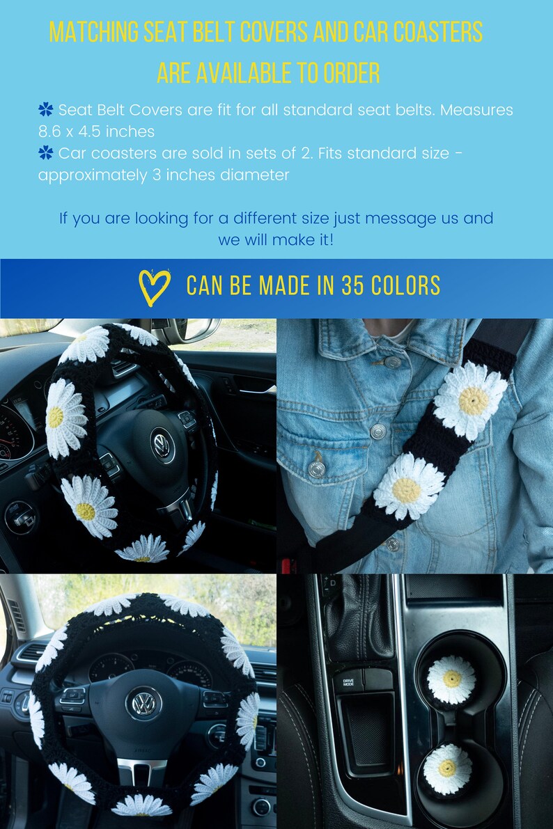 K&ouml;nnte beinhalten: Set aus geh&auml;kelten G&auml;nsebl&uuml;mchen-Autozubeh&ouml;r in Schwarz und Wei&szlig;. Enth&auml;lt eine Lenkradabdeckung, Sicherheitsgurtbez&uuml;ge und zwei Untersetzer. Der Text "CAN BE MADE IN 35 COLORS" ist sichtbar.