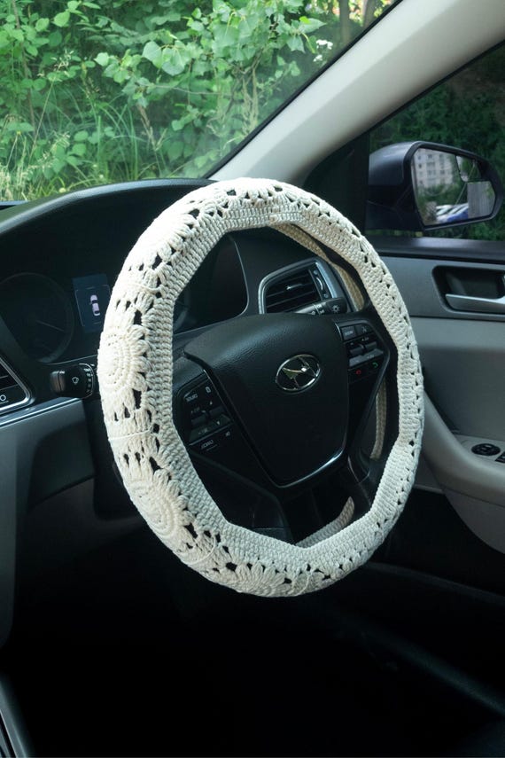 White Boho Steering Wheel Cover Set