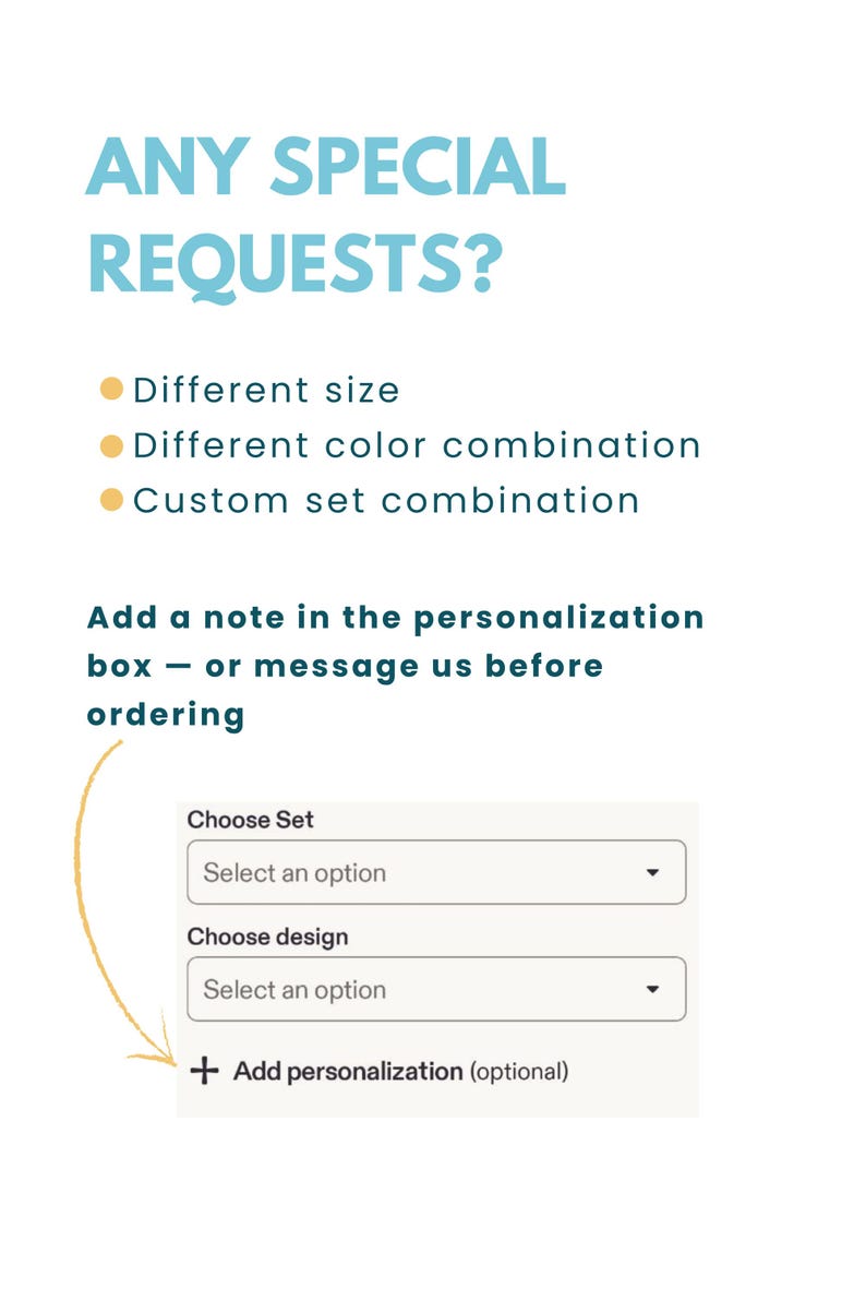 Custom order information for different sizes, color combinations and matching crochet car accessory sets.
