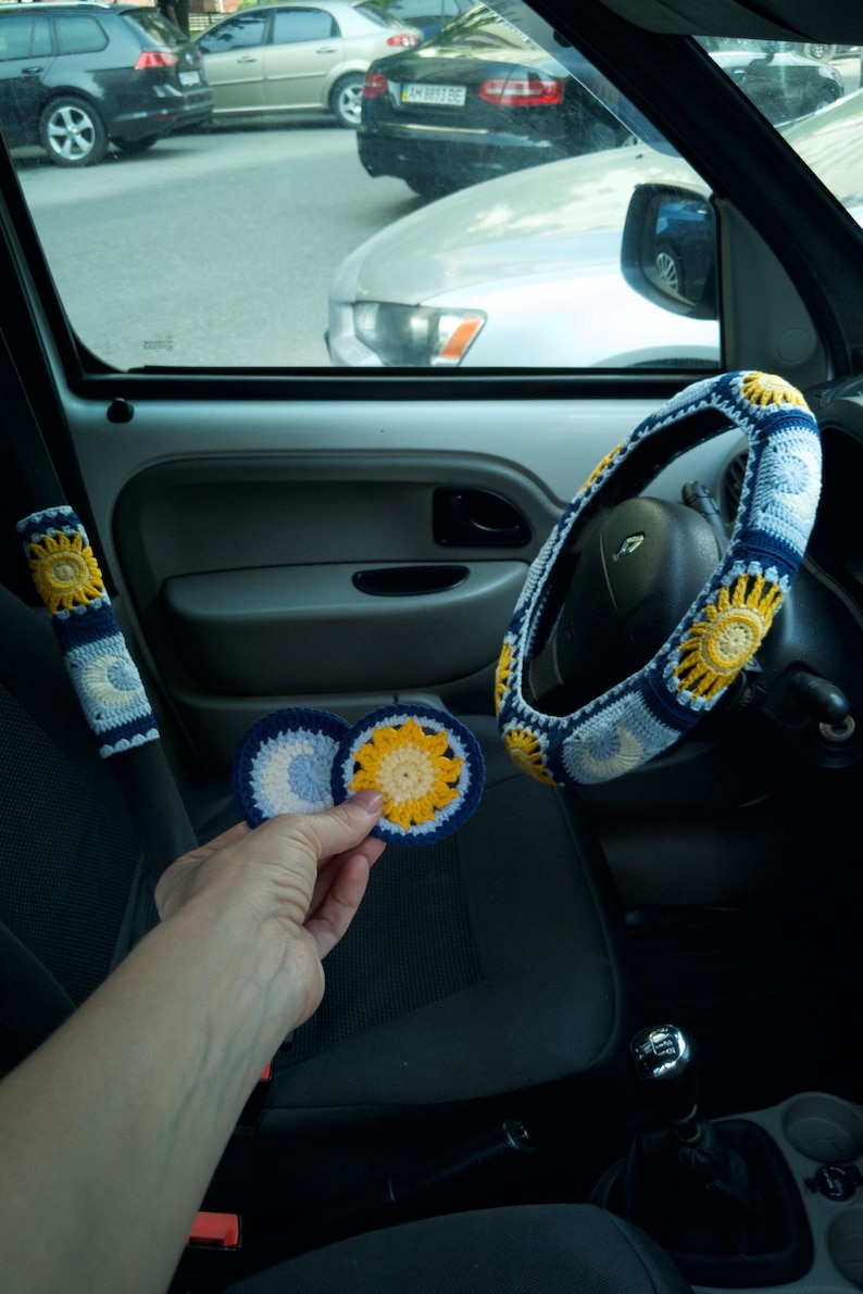 Purple Sun Moon Crochet Steering Wheel Cover 2 Blue Design