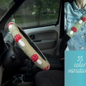 Mushroom steering wheel cover for women, Cottagecore crochet seat belt cover and car coasters set , Cute car accessories interior decor