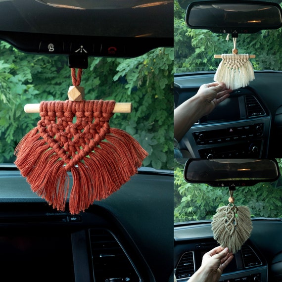 Boho Macrame Rear View Mirror Charm Hanging Car Essential Etsy