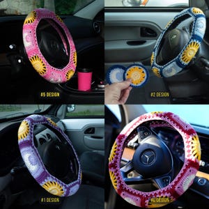 May include: A collection of crochet steering wheel covers in various colors and designs. The covers feature floral and geometric patterns in pink, blue, purple, and red, with yellow and white accents. Each cover is shown installed on a car steering wheel.