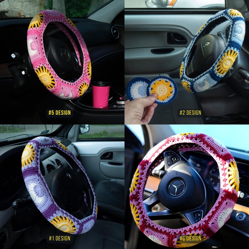 May include: A collection of crochet steering wheel covers in various colors and designs. The covers feature floral and geometric patterns in pink, blue, purple, and red, with yellow and white accents. Each cover is shown installed on a car steering wheel.