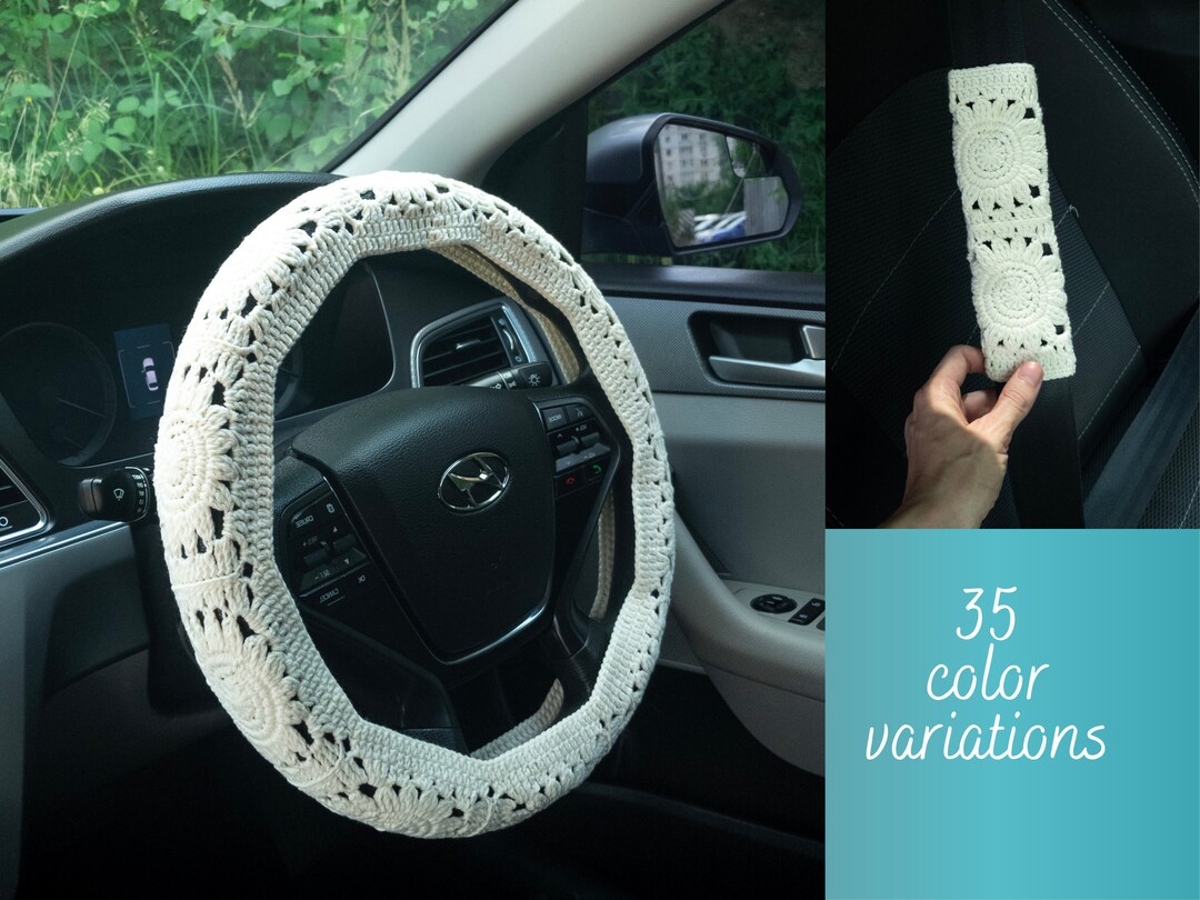 Solid Color Boho Steering Wheel Cover Set With Seat Belt Cover and Car