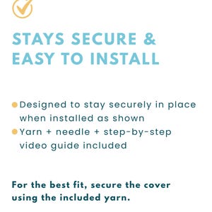 Installation information for a crochet steering wheel cover with included yarn, needle and step-by-step video guide.