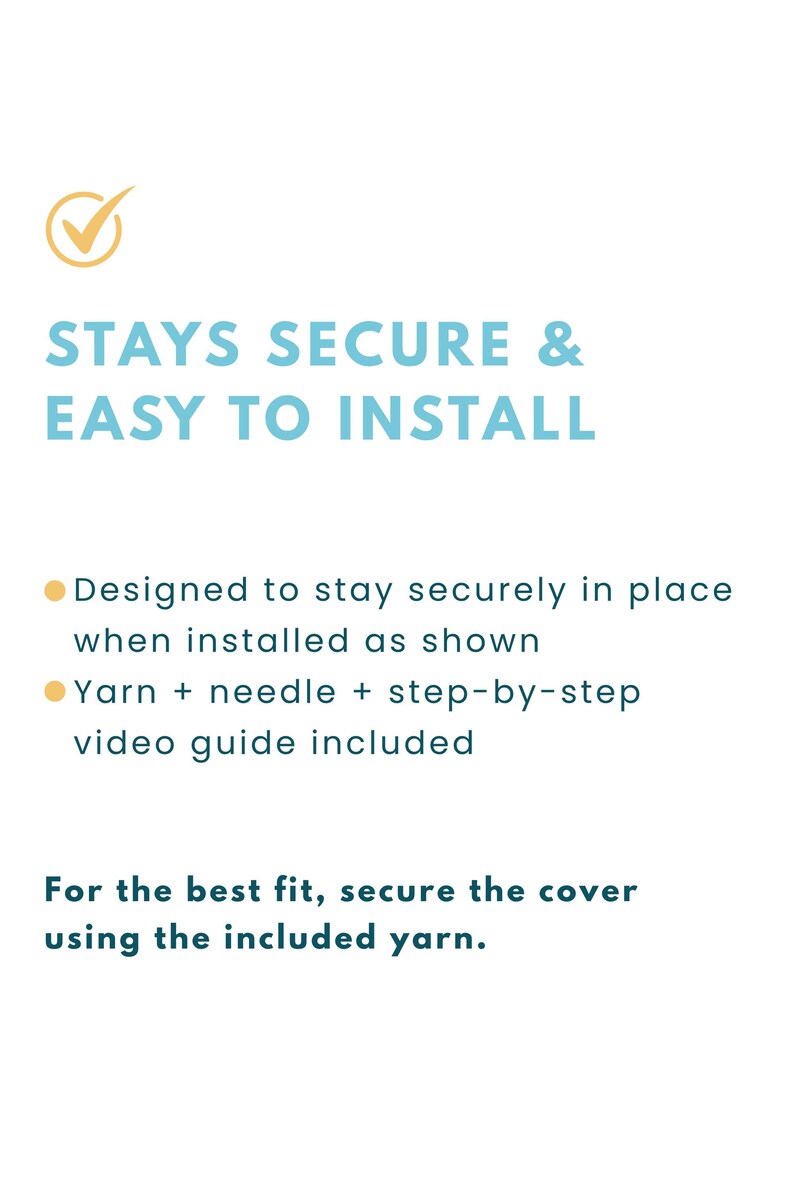 Installation information for a crochet steering wheel cover with included yarn, needle and step-by-step video guide.
