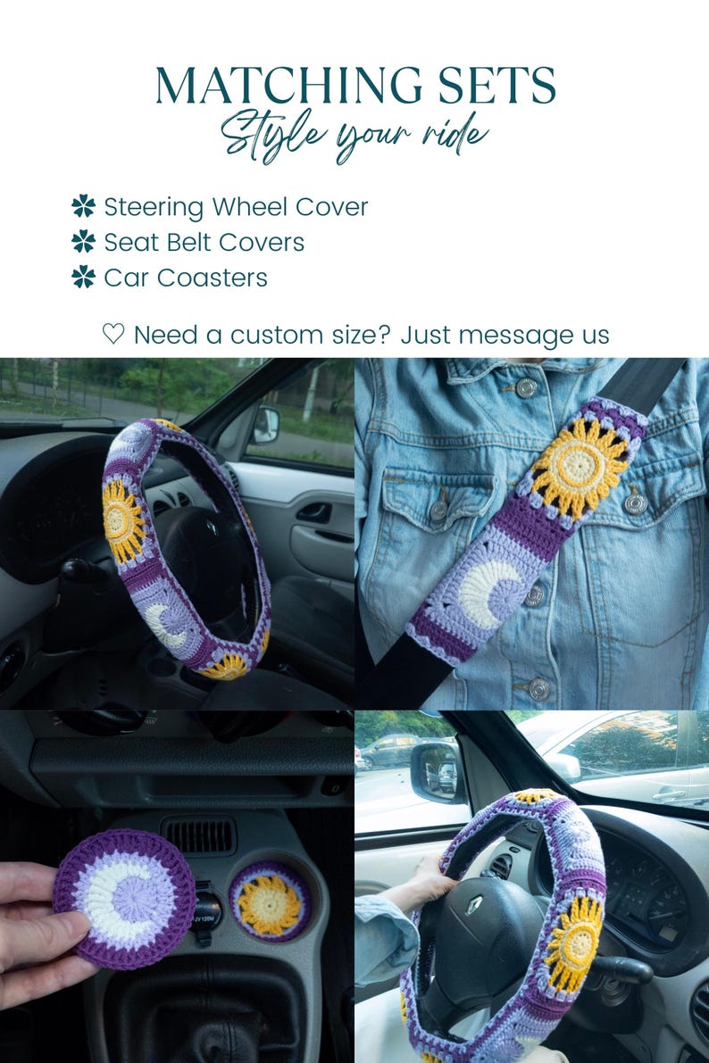 Purple Sun Moon Crochet Steering Wheel Cover image 3