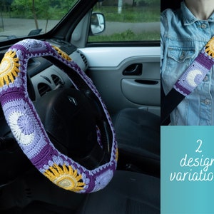 Sun and Moon Steering Wheel Cover for women, Crochet seat belt cover, car coasters set , Sunflower cute car accessories interior decor