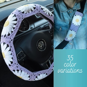 Crochet Daisy Steering Wheel Cover for women with flowers | Aesthetic floral Boho & Hippie steer wheel cover