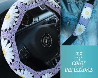 Crochet Daisy Steering Wheel Cover for women with flowers | Aesthetic floral Boho & Hippie steer wheel cover