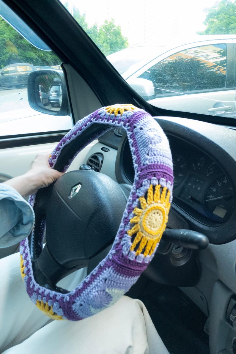 Purple Sun Moon Crochet Steering Wheel Cover 1 Purple Design