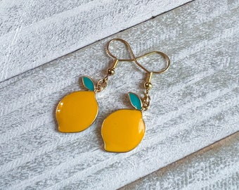 Lemon Dangle earrings, fruit earrings, nature earrings, pendent earrings, food earrings, gifts for her, jewelry gifts, festive earrings.