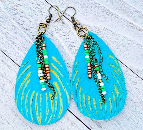 BOHO Teal Feather Faux Leather Earrings With Bead Dangles