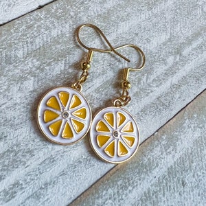 Lemon Slice Rhinestone Dangles earrings, fruit earrings, boho earrings, summer earrings, food earrings, gifts for her, gold earrings,