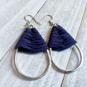 Navy blue braided leather Teardrops metal charm earrings -Hypoallergenic on surgical steel