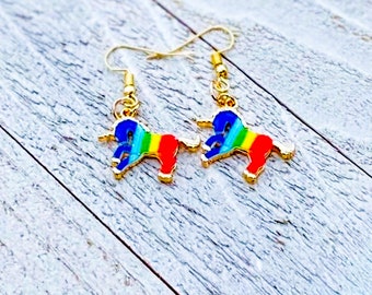 Rainbow Unicorn Dangle Earrings, colorful earrings, maximalist earrings, LGBT+ earrings, charm earrings, gold earrings, gifts for them