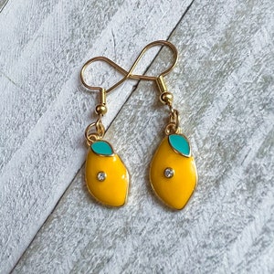 lemon dangle earrings, fruit earrings, rhinestone earrings, pendent earrings, food earrings, gifts for her, jewelry gifts, nature earrings