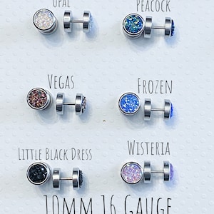 10mm Druzy- Illusion Tunnel Screw on 16 Gauge earrings- Surgical Steel