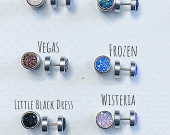 10mm Druzy- Illusion Tunnel Screw on 16 Gauge earrings- Surgical Steel