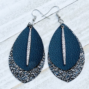 Double layered tear drop with a rhinestones charms faux leather-Hypoallergenic Earrings on Surgical Steel
