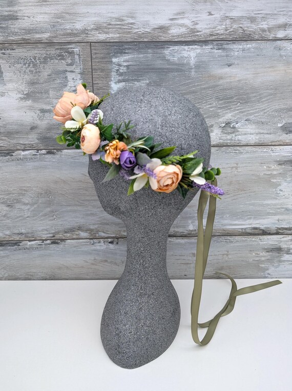 Peach & Purple Floral Headband: Festival Wedding Hair Wreath  display picture 3