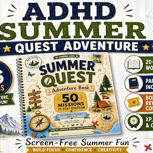 May include: A spiral-bound Summer Quest adventure book for children aged 6-12, featuring 50 missions, a 20-page workbook, a parent guide, bonus reward coupons, and a certificate. The cover displays a compass, tent, trees, and mountains.