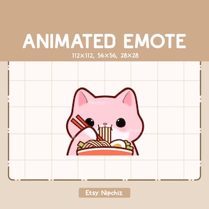 Animated Emote Cute Pink Cat is Eating Ramen Noodles / Chibi Funny Emote / Emote for Streaming / Cartoon Emote