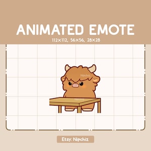 Animierte Emote Chibi Highland Kuh wütend indem sie einen Tisch vor sich umdreht - niedliche Emote - lustiges Emote zum Streamen