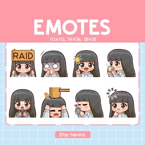 女の子の絵文字バンドル / ストリーミング用の前髪付きストレート黒髪絵文字 / 8 つのかわいい女の子絵文字 / 茶色の目 | 絵文字パック