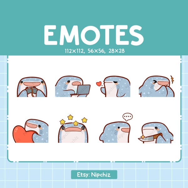 Whale Shark Emotes for Streaming | Kawaii Animal Emoji | (8) Cute Whale Shark Emote Pack