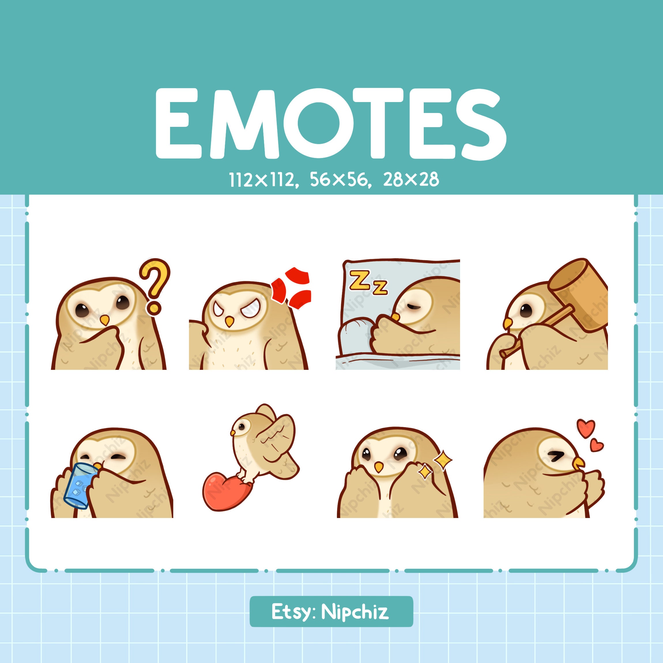 Barn Owl Emotes / 8 Cute Barn Owl Bundle / Emotes for Streamer Kawaii Emoji Pack