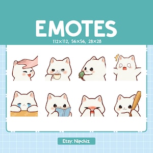 Chibi White Cat Emotikony dla Streamerów (8) - Kawaii Cute White Cat - Pakiet Emoji dla Streamerów