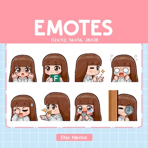 Chibi girl Emotes / Straight Brown Hair with Bangs / Cute Emoji Pack | 8 Girl Emotes for Streaming |Brown Eyes Emote