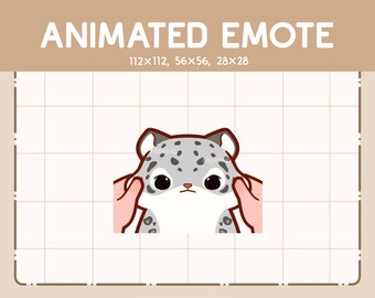 May include: An animated emote of a cartoon snow leopard with grey spots and large eyes. The text "ANIMATED EMOTE" is at the top, with size dimensions below. The Etsy shop name "Nipchiz" is at the bottom.
