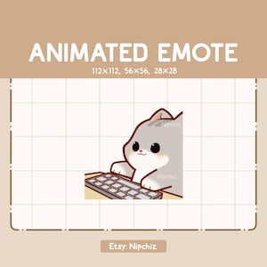 Geanimeerde emote Grey Cyperse kat typt via het toetsenbord / Kawaii schattige emote / Klaar voor gebruik / Emote voor streaming