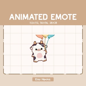 Animiertes Emote Die Chibi Kuh hält Bunte Luftballons / Emote zum Streamen / Bereit zur Nutzung