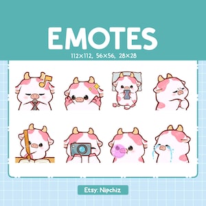 Różowe emotikony krowy do streamingu | Kawaii Animal Emoji | (8) Uroczy pakiet różowych emotikonów krowy