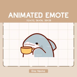 Animierter Emote Hai nippt an einer Tasse Kaffee - Lustiges Cartoon Emote - Gebrauchsfertig - Chibi Emote für Streamer