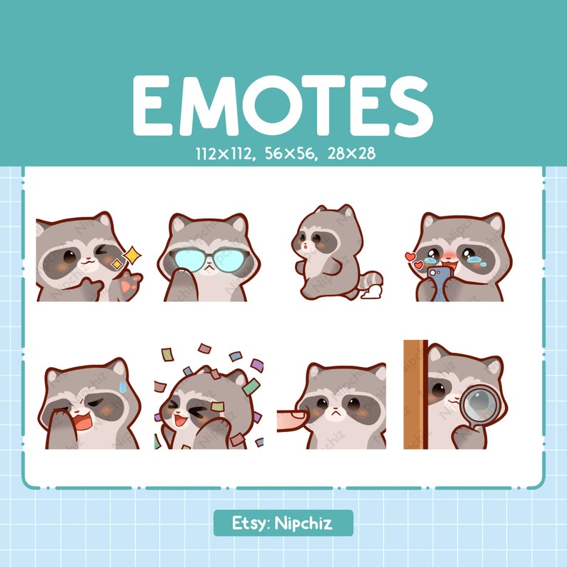 May include: Eight different emoticons featuring a cute cartoon raccoon in various poses, including wearing glasses, holding a phone, and looking through a magnifying glass. The emoticons are in different sizes, with the largest being 112 pixels by 112 pixels.