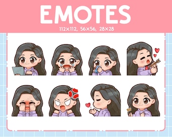 Gestos de chica chibi para transmisión / Cabello negro largo y liso – Ojos marrones (8) Gestos kawaii / Paquete de gestos de chica linda
