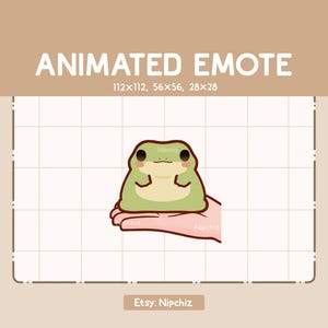 May include: Animated emote of a green frog with brown eyes, sitting on a hand. The frog is holding its hands together in front of it. The emote is available in three sizes: 112x112, 56x56, and 28x28.