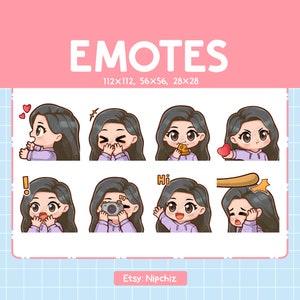 Kawaii Girl Emotes (8) / Long Straight Black Hair / Cute Emotes for Streamer / Brown Eyes/ Chibi Girl Emoji Bundle