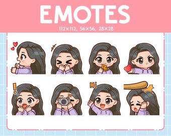 Emoticones de chica kawaii (8) / Cabello negro largo y liso / Emoticones lindos para streamer / Ojos marrones / Paquete de emojis de chica chibi