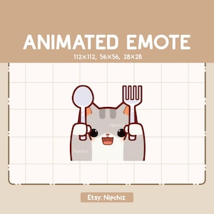 May include: A cartoon cat holding a spoon and fork, with the text "ANIMATED EMOTE" above. The cat is grey and white with a happy expression. The image is on a grid background with the Etsy shop name "Nipchiz".
