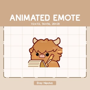 Animiertes Emote Süße Highland Kuh nimmt eine Notiz / niedliches Chibi Emote / Cartoon Emote für das Streamen